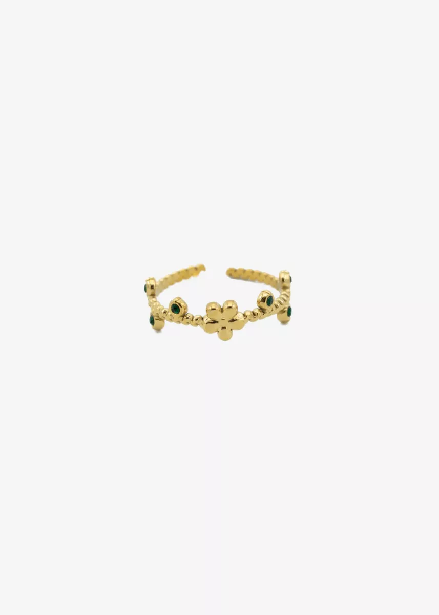 Mi Vida Mi Vida Ring bloem met groen steentje | Goud