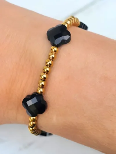 LabelSix LabelSix Kralenarmband Zwarte Klaver | Goud