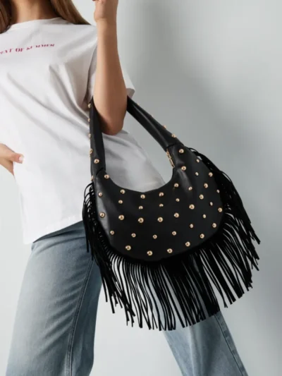 Yehwang Yehwang Handtas met studs en franjes | Zwart